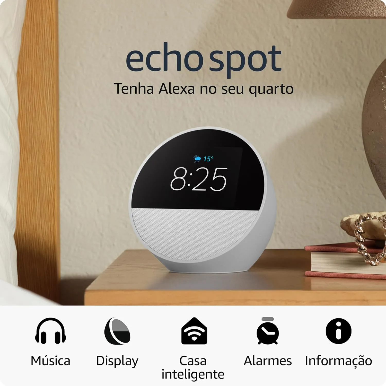 Echo Spot com Alexa (Geração mais recente) | Despertador inteligente com som vibrante | Cor Branca
