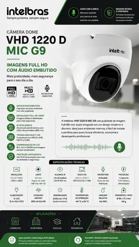 Câmera de Segurança Intelbras VHD 1220 D Mic G9 2MP Branco