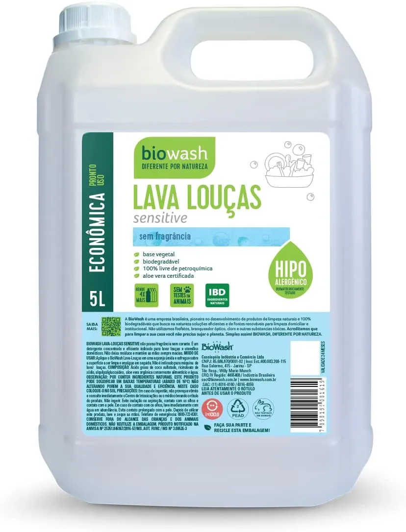 Detergente Lava Louças Biowash Sensitive Hipoalergênico Concentrado 5L