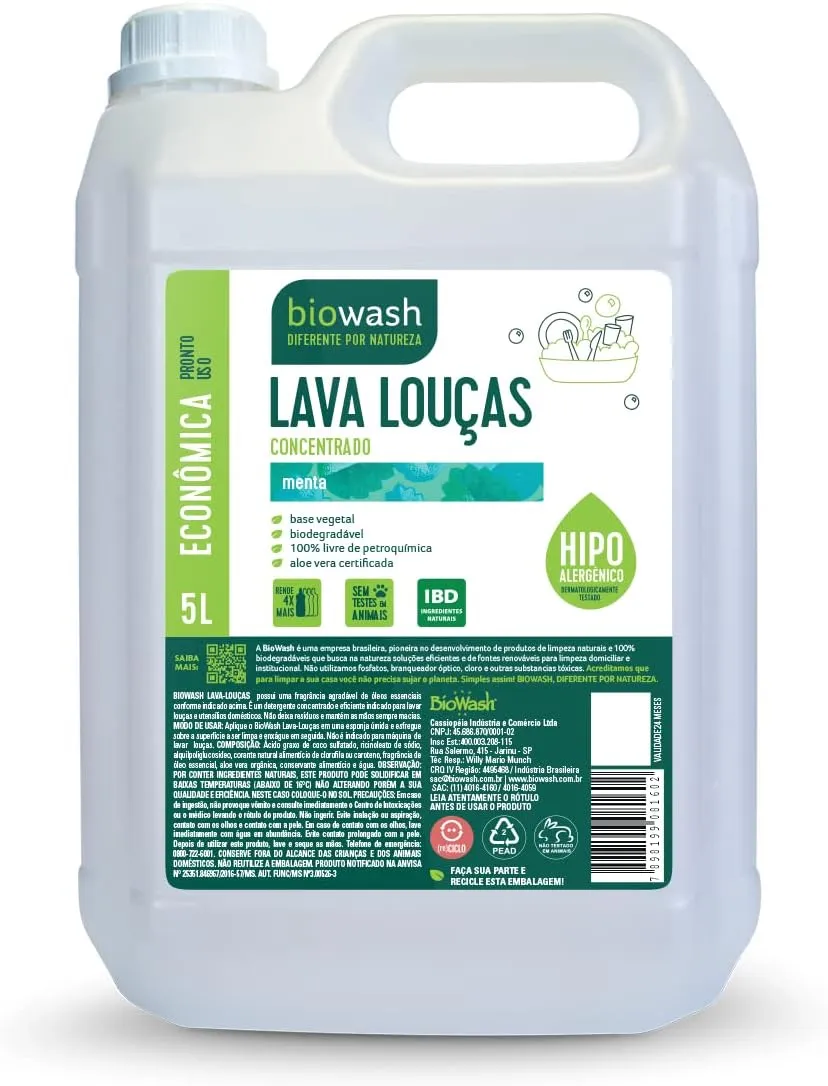 Detergente Lava Louças Biowash Menta 5L Hipoalergênico Concentrado