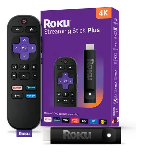 Roku Streaming Stick Plus 4k Tvbox Aparelho Transforma Tv Em Smart Conversor Smart Tv Controle Voz Wi-fi Longo Alcance | Original Nf-e | Com Apps E Canais Ao Vivo Grátis Sistema Rápido Imagem 4k Hdr
