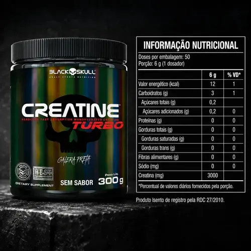 Creatina Black Skull Caveira Preta Turbo em pó Sem Sabor 300g Natural / Sem Sabor