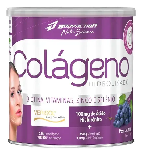 Colágeno Hidrolisado Tipo 1 Ácido Hialurônico Biotina 200g Sabor Uva Bodyaction