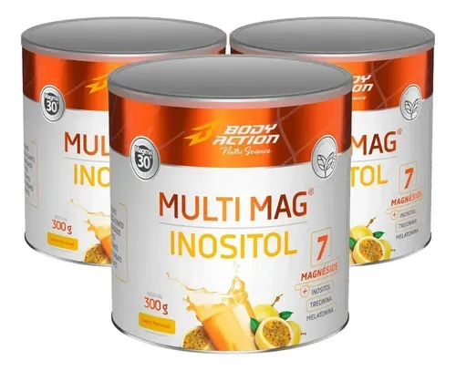 Kit 3x Multi Mag Inositol 7x Magnésios 300g Bodyaction Maracujá
