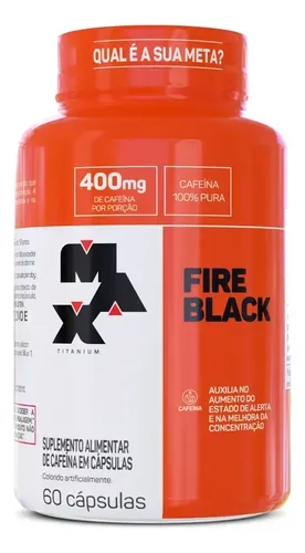 Suplemento Max Titanium Fire Black 60 Cápsulas Cafeína Pura Preto