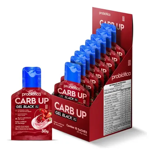 Carb Up Black Gel Com Cafeína Probiótica Sabor Morango Caixa 10 Sachês - Foto oficial e menor preço