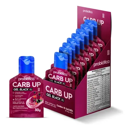 Carb Up Black Gel Com Cafeína Probiótica Sabor Morango Caixa 10 Sachês - Foto oficial e menor preço
