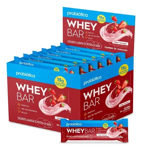 Barra de Proteína Probiótica Whey Bar Sabor Morango Caixa 24 Unidades