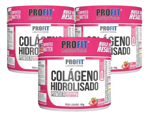 Suplemento de Colágeno Hidrolisado com Vitamina C e Betacaroteno 150g Sabor Morango - PROFIT